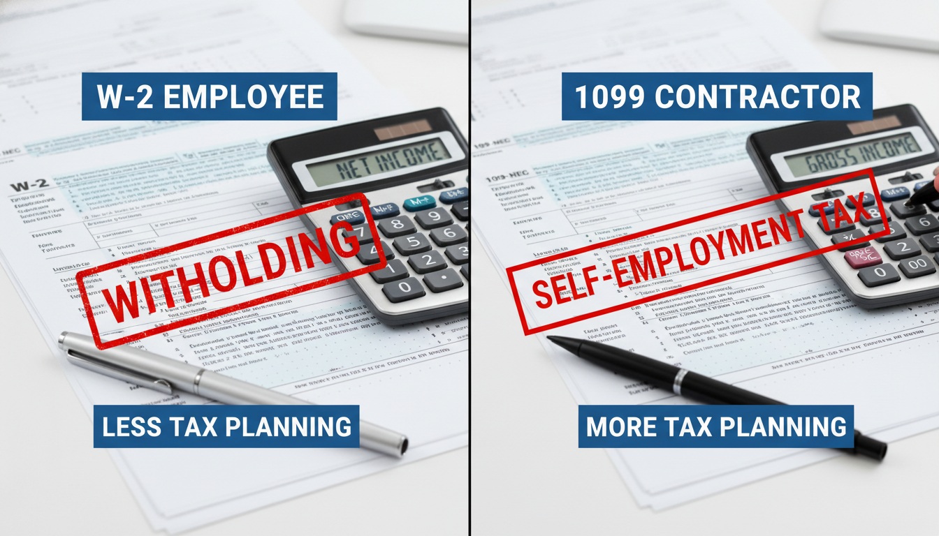 W-2 vs 1099 meaning explained with side-by-side tax forms and calculator