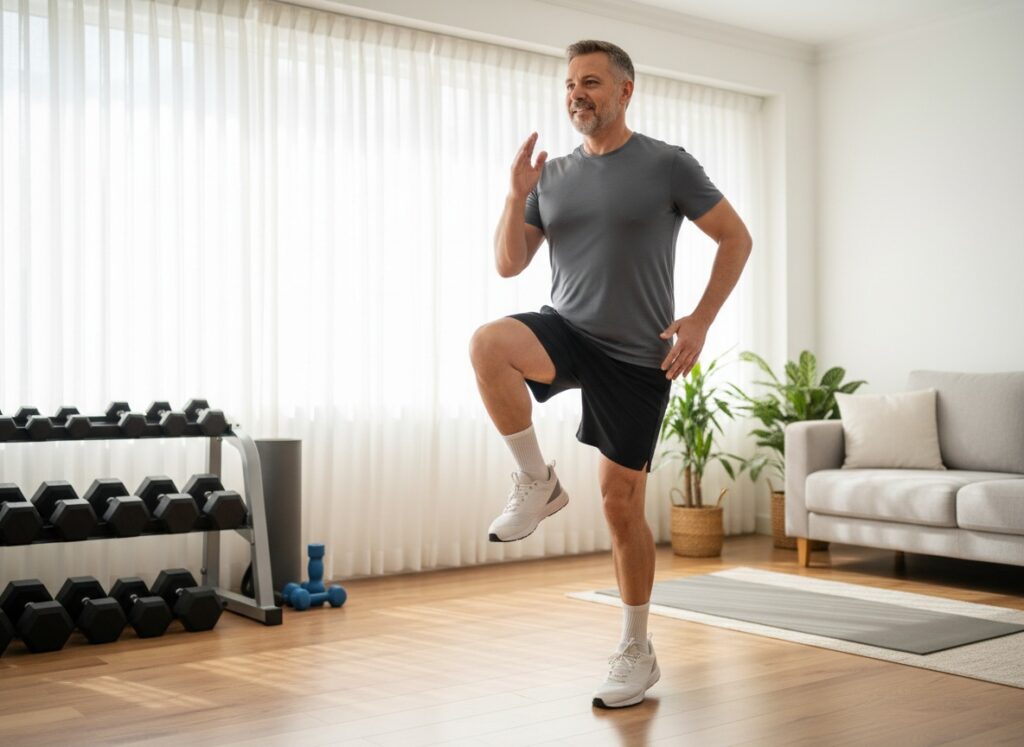 Man over 40 marching in place as a warm-up at home