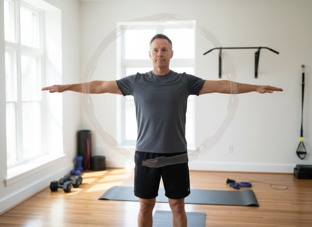 Man over 40 doing arm circles warm-up with arms extended