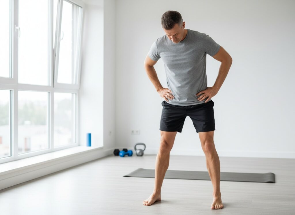 Man over 40 practicing a hip hinge drill with hands on hips
