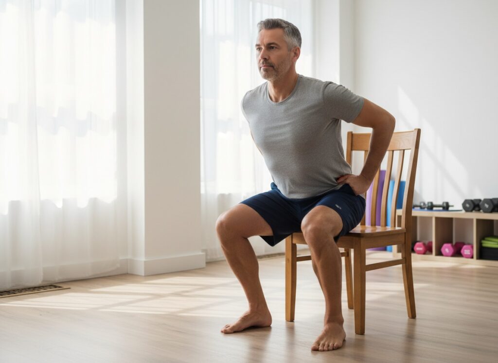 Man over 40 doing a chair squat warm-up with controlled form