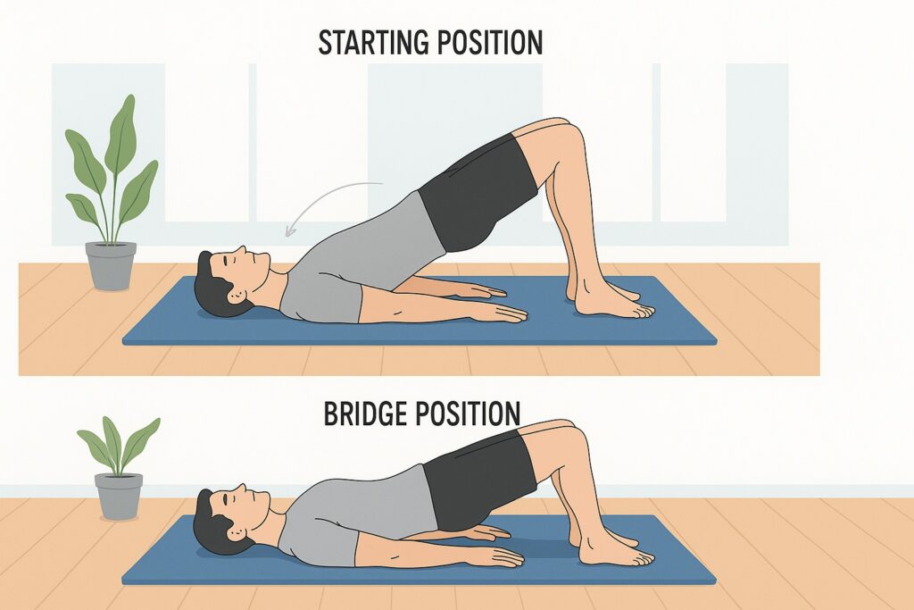 Man performing a glute bridge with knees bent, feet flat, and hips lifted to form a straight line from shoulders to knees