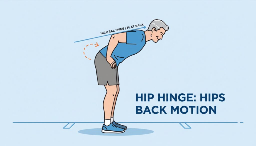 Man practicing a hip hinge with hands on hips, slight knee bend, hips pushed back, and a neutral flat back