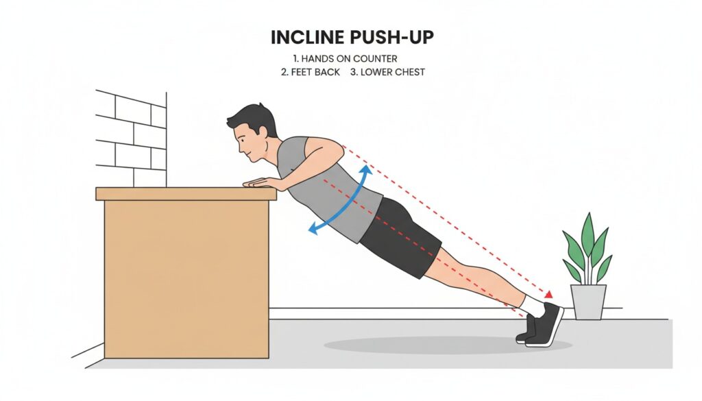 Man doing an incline push-up with hands on a counter, body in a straight line, lowering chest toward the edge