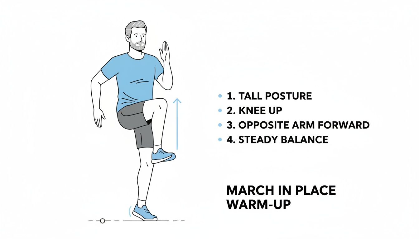 Man marching in place as a warm-up with upright posture and opposite arm swing