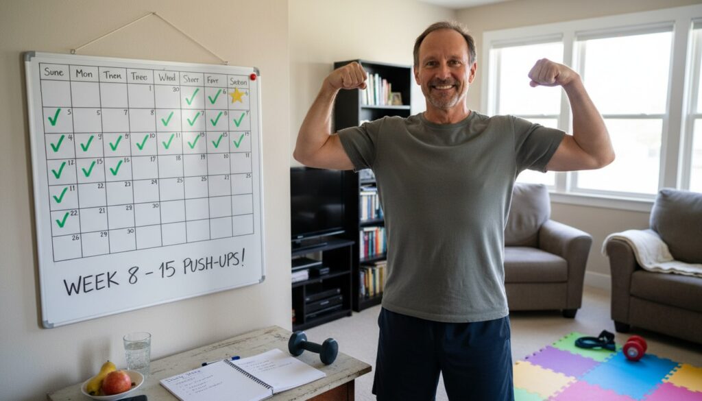 Man over 40 celebrating small daily wins with simple home exercises and progress tracking