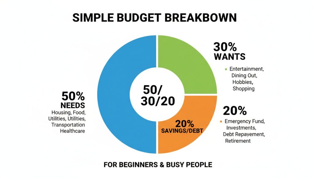 What is the 50/30/20 rule in simple terms: 50% needs, 30% wants, 20% savings