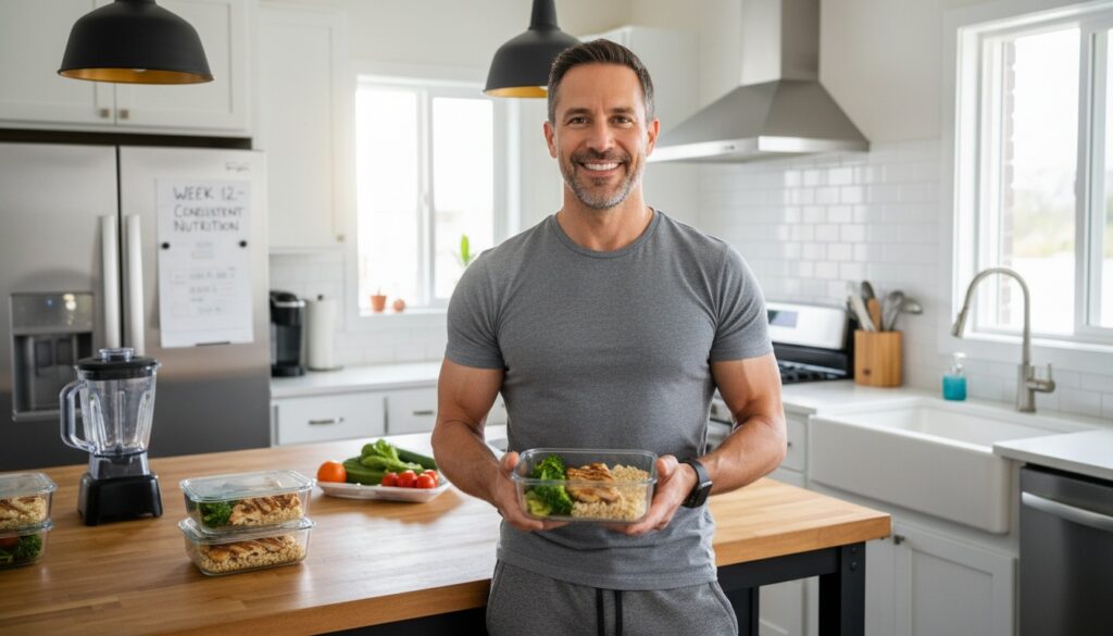 Energized man in his 40s holding meal prep container in home kitchen showing benefits of consistent nutrition