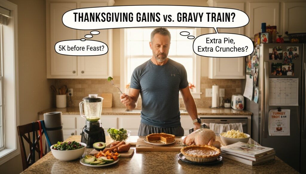 Man over 40 in kitchen contemplating fitness choices on Thanksgiving morning with healthy food and workout gear