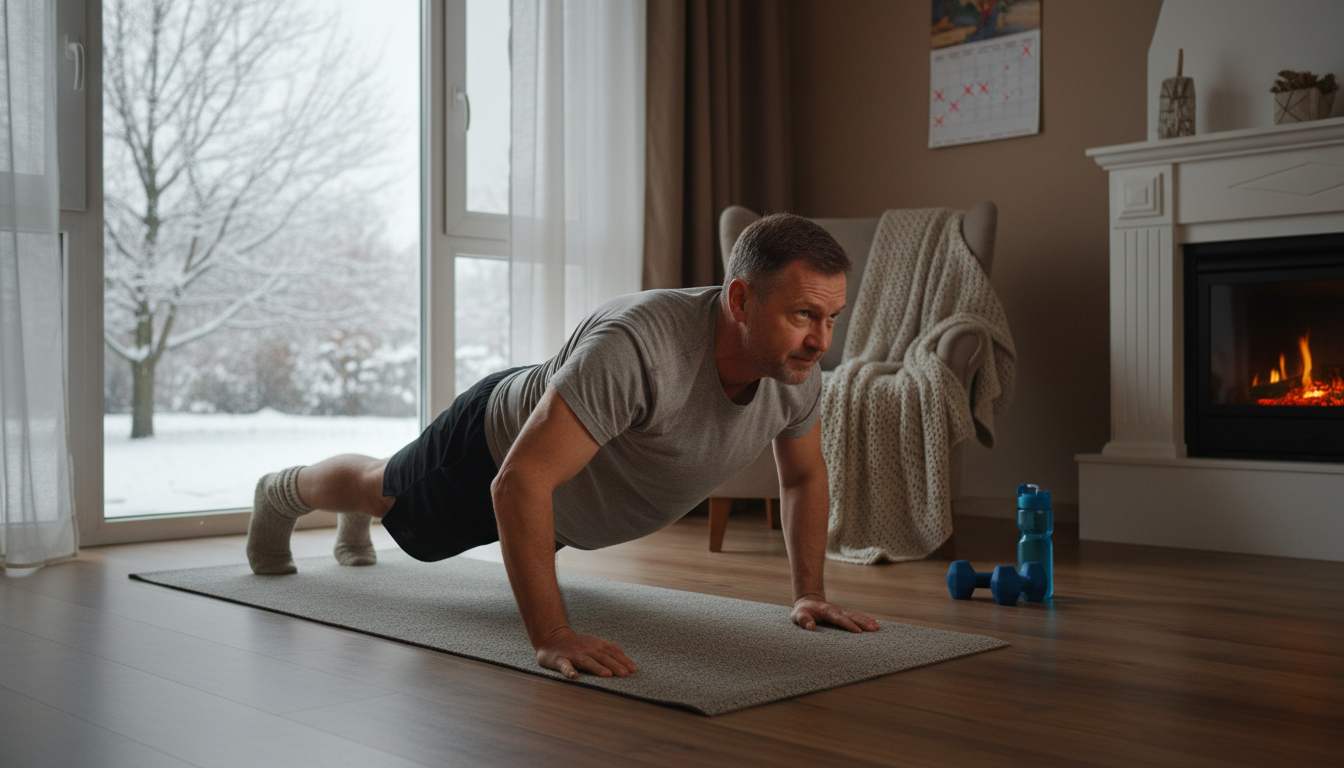 Man in his 40s doing push-ups at home during winter demonstrating indoor workout motivation and consistency