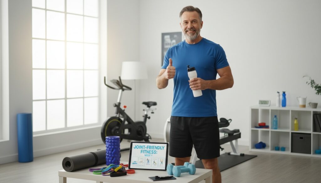 Man over 40 ready to begin joint-friendly fitness journey with workout plan and equipment prepared