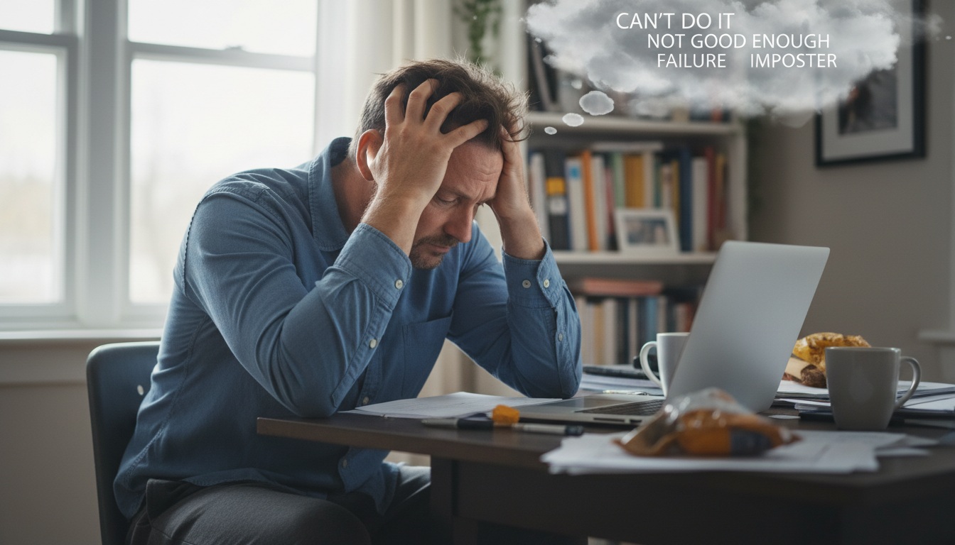 Man in his 40s working through mental blocks and negative self-talk at home office desk