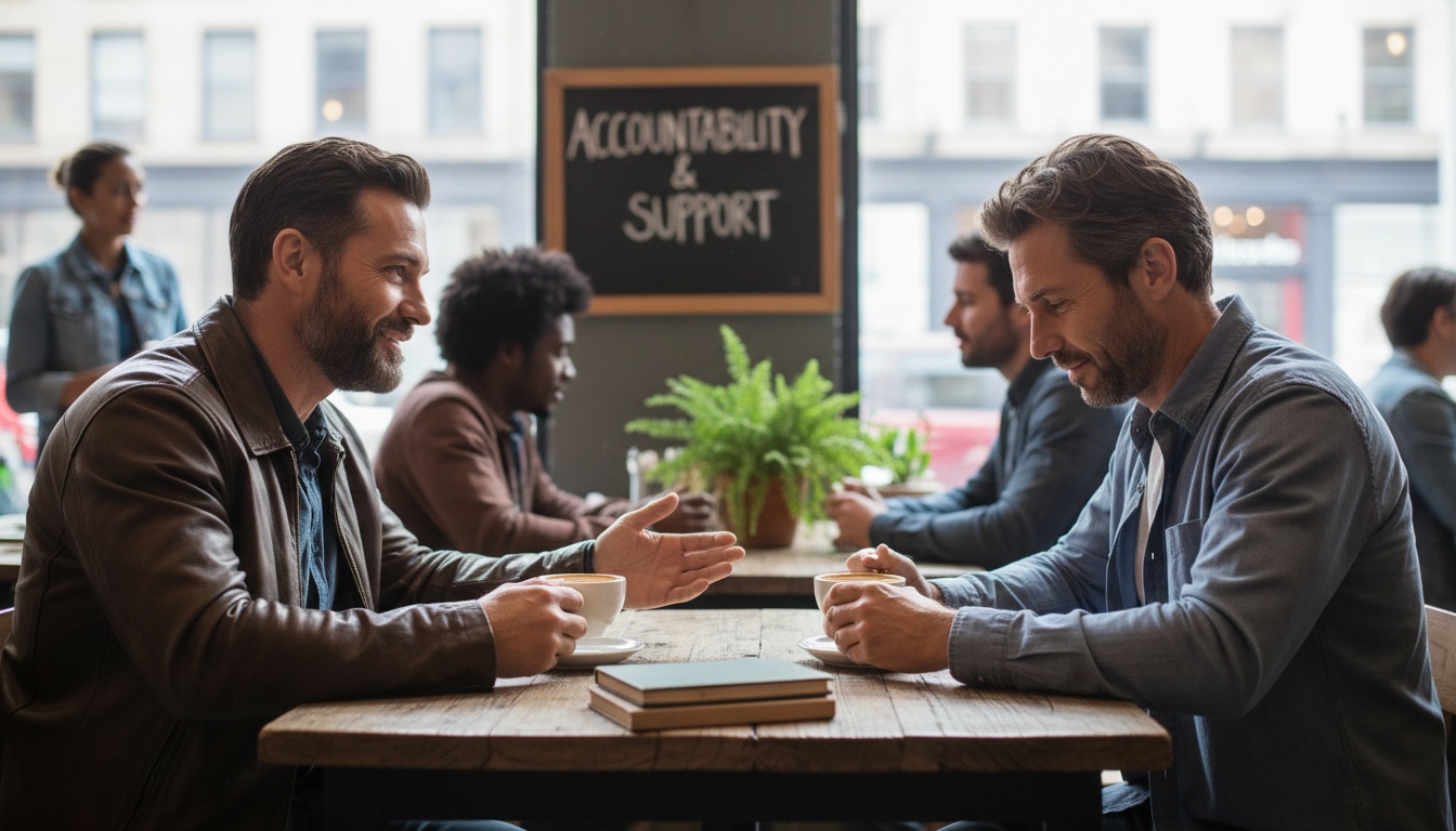 Two men in their 40s having a supportive conversation over coffee, representing accountability partners and building a support system