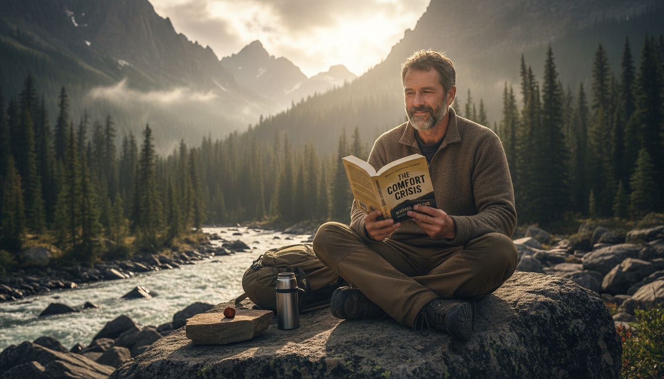 Man in his 40s reading The Comfort Crisis by Michael Easter in outdoor wilderness setting embracing discomfort and personal growth