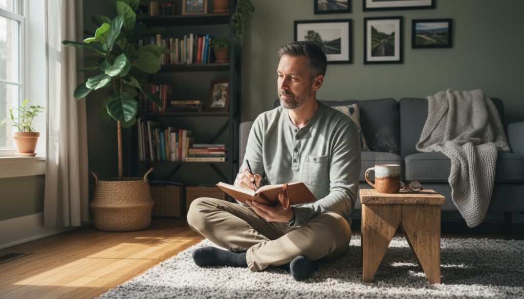 Man in his 40s practicing morning gratitude with journal and coffee in natural home setting