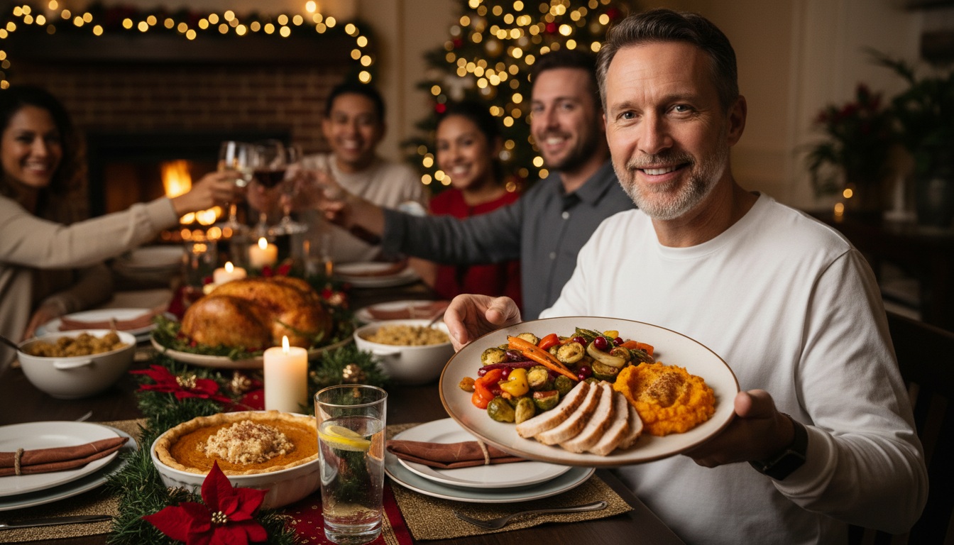 Man in his 40s enjoying healthy holiday dinner using portion control plate method with vegetables, turkey, and sweet potato