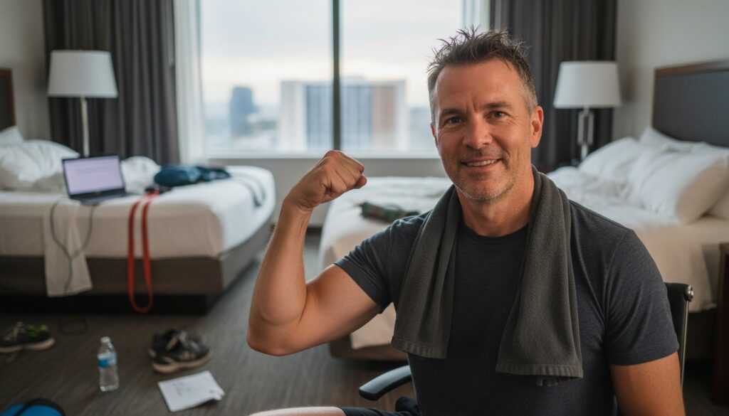 Confident man in 40s after completing hotel room workout showing progress over perfection mindset