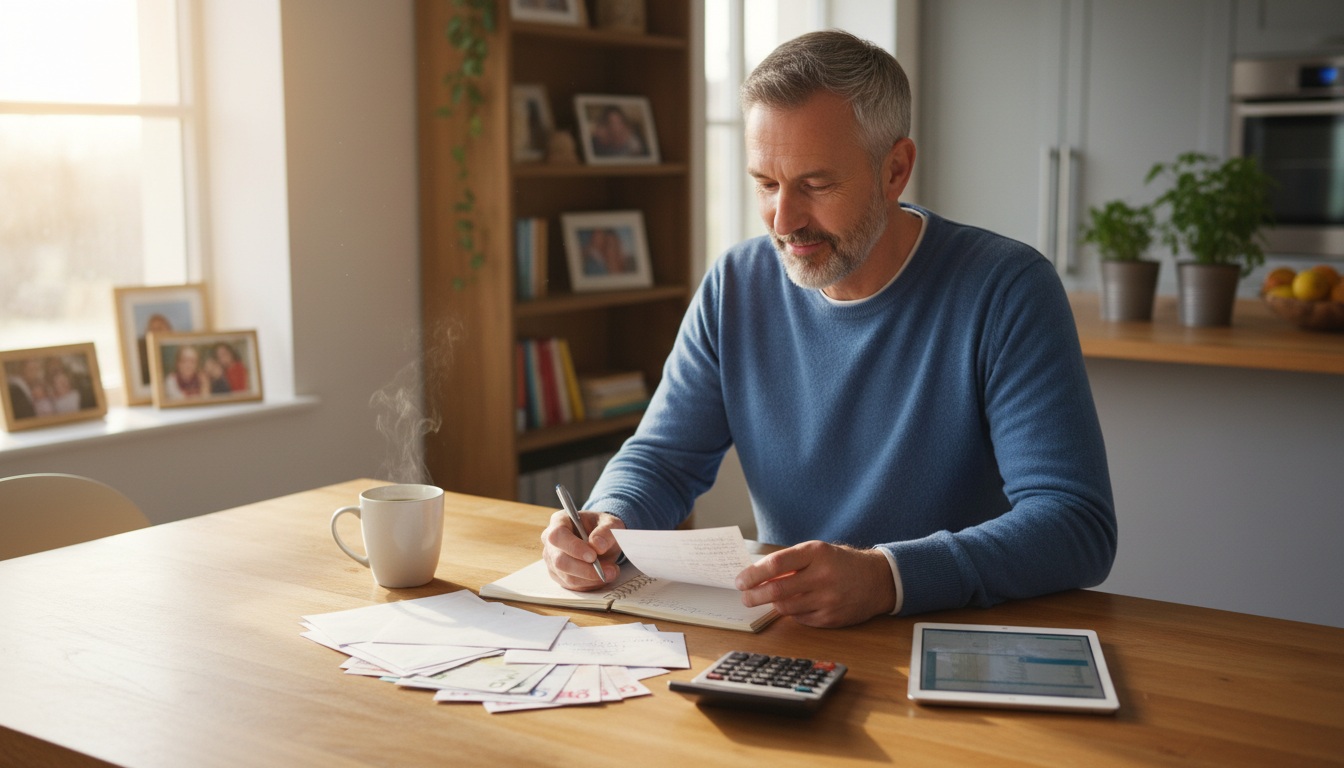 Man reviewing household bills and monthly expenses at home to find simple ways to cut monthly bills without feeling deprived