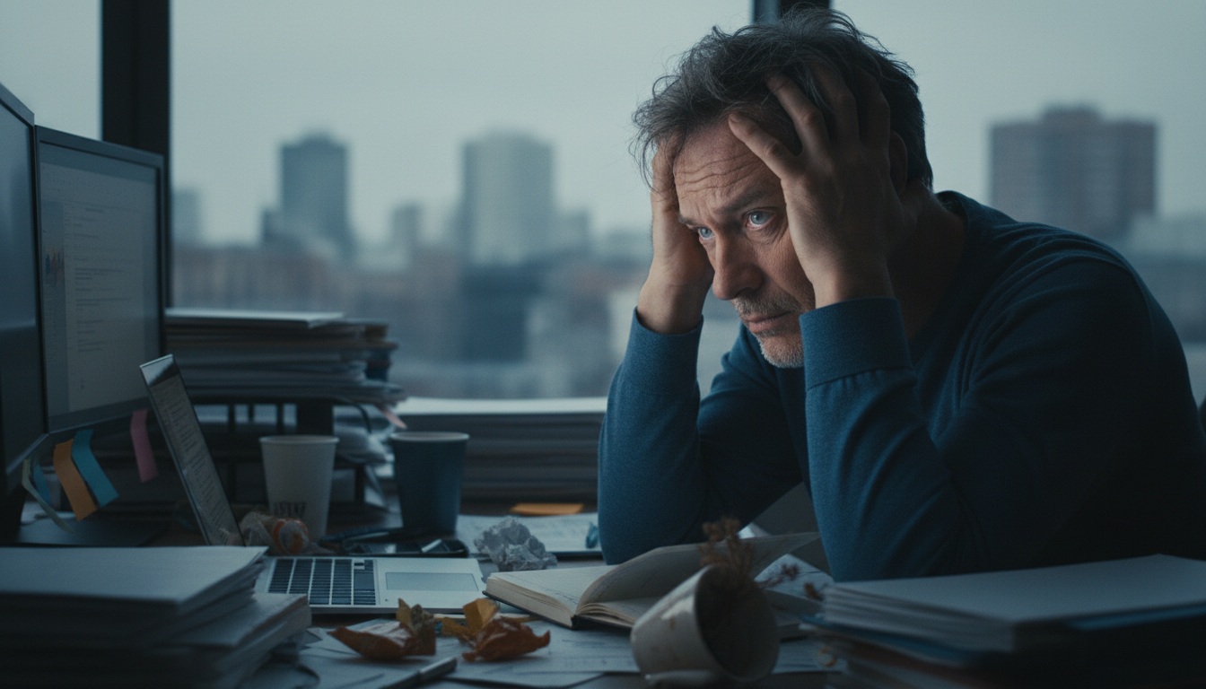 Stressed man in his 50s overwhelmed by work pressure and mental fog from dismissing gratitude practice