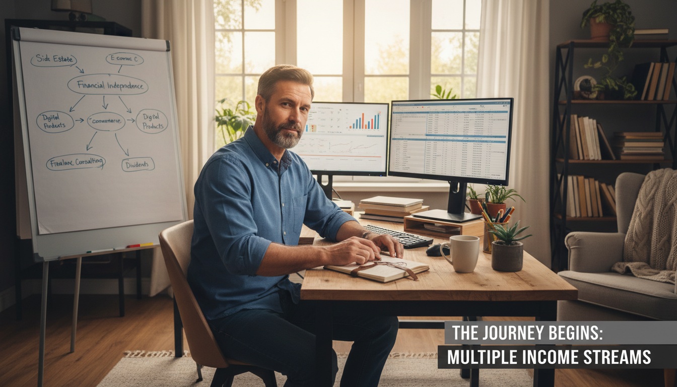 Man in his 40s planning multiple income streams at home office desk with laptop and notebook