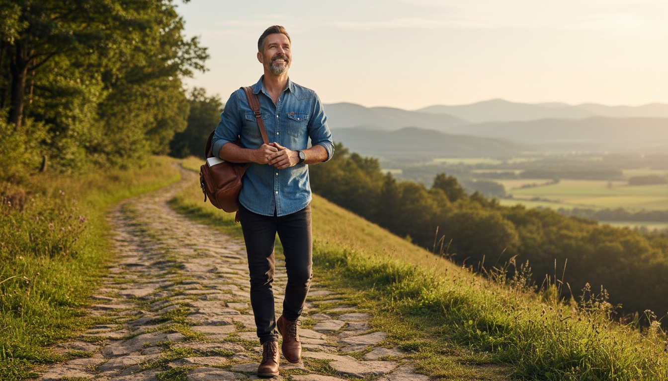 Man in his 40s on path looking forward with confidence showing progress and continuous growth journey