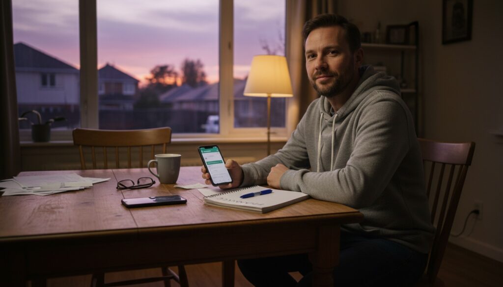 Man ready to start his weekly money check-in on Sunday evening with phone and notebook