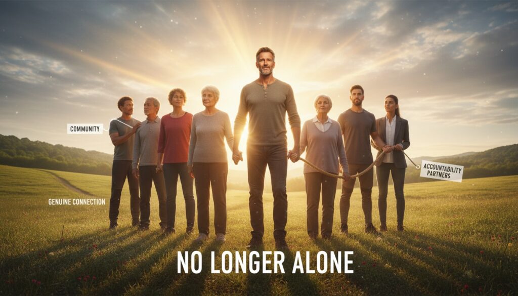 Confident man in his 40s moving forward with supportive community behind him, representing the decision to stop going solo and build a support system