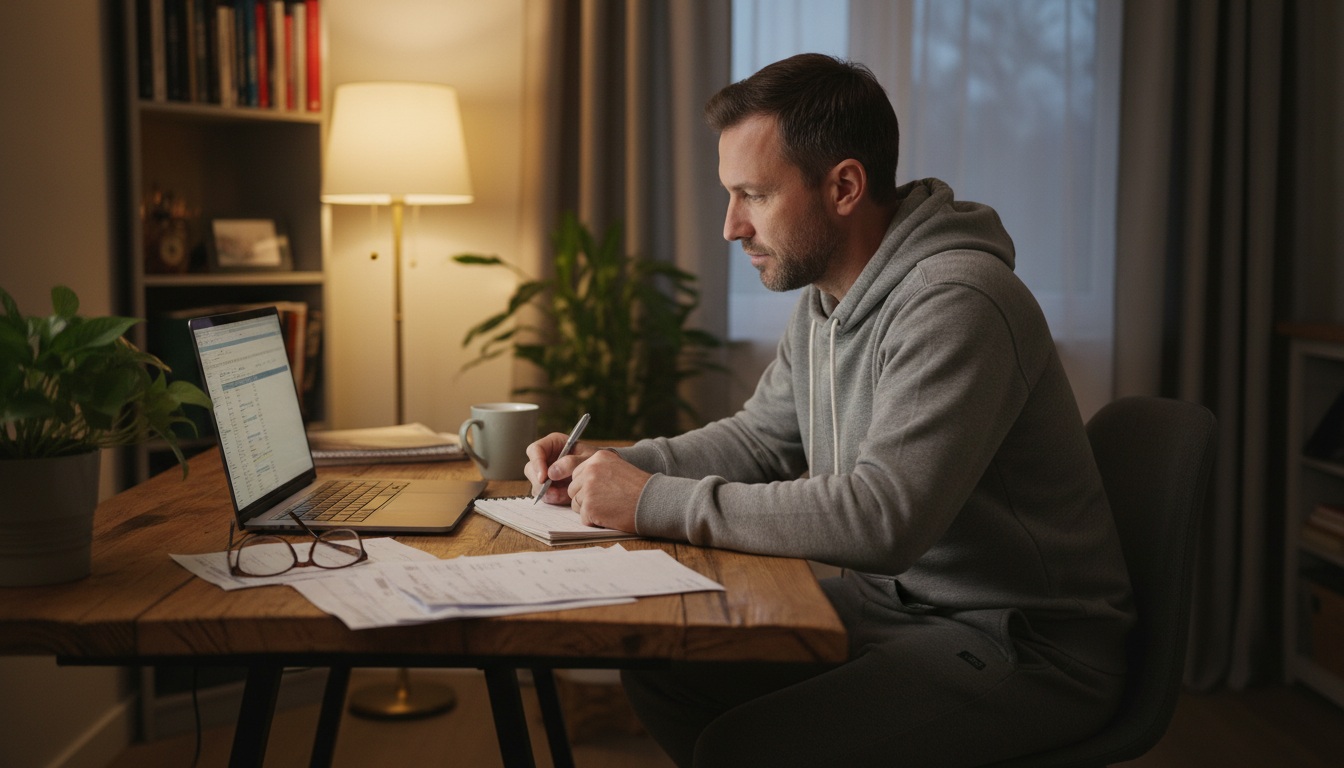 Man in his 40s doing weekly money check-in at home on Sunday evening with laptop and notebook