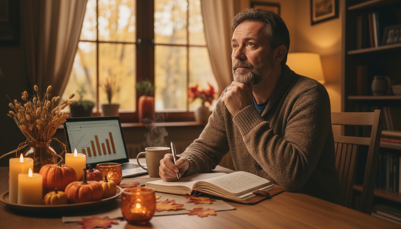 Man in his 40s writing in gratitude journal at table with autumn decorations reflecting on yearly progress