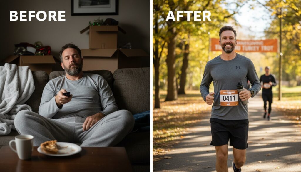 Before and after comparison showing man in his 40s energized after Thanksgiving morning workout versus sluggish without exercise