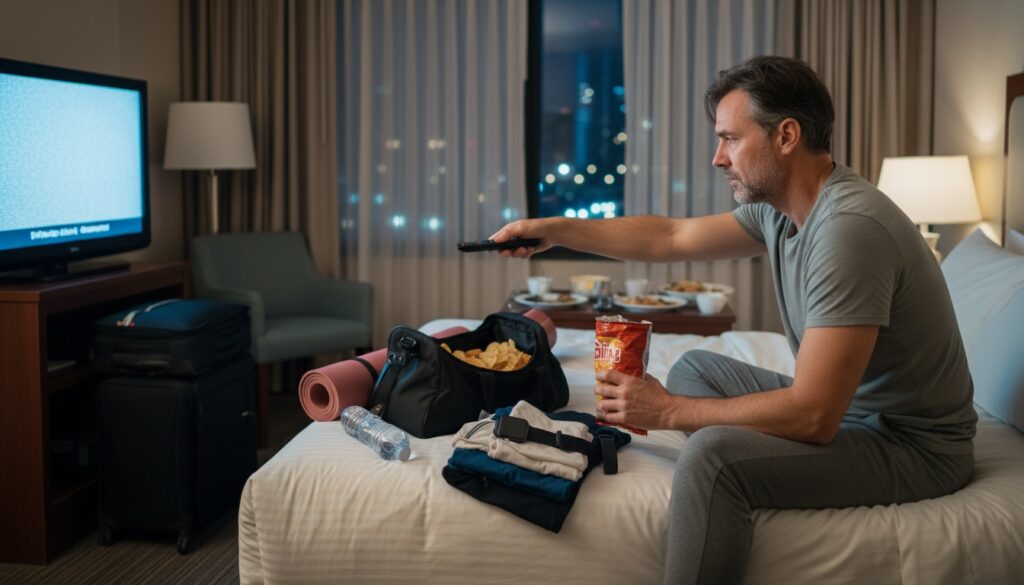 Exhausted man in 40s sitting on hotel bed with unused workout gear showing how travel disrupts fitness routines
