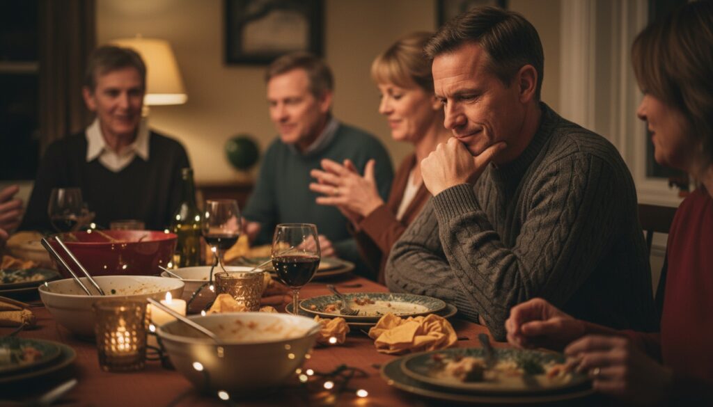 Man in his 40s sitting thoughtfully at Thanksgiving dinner table reflecting on life progress and goals