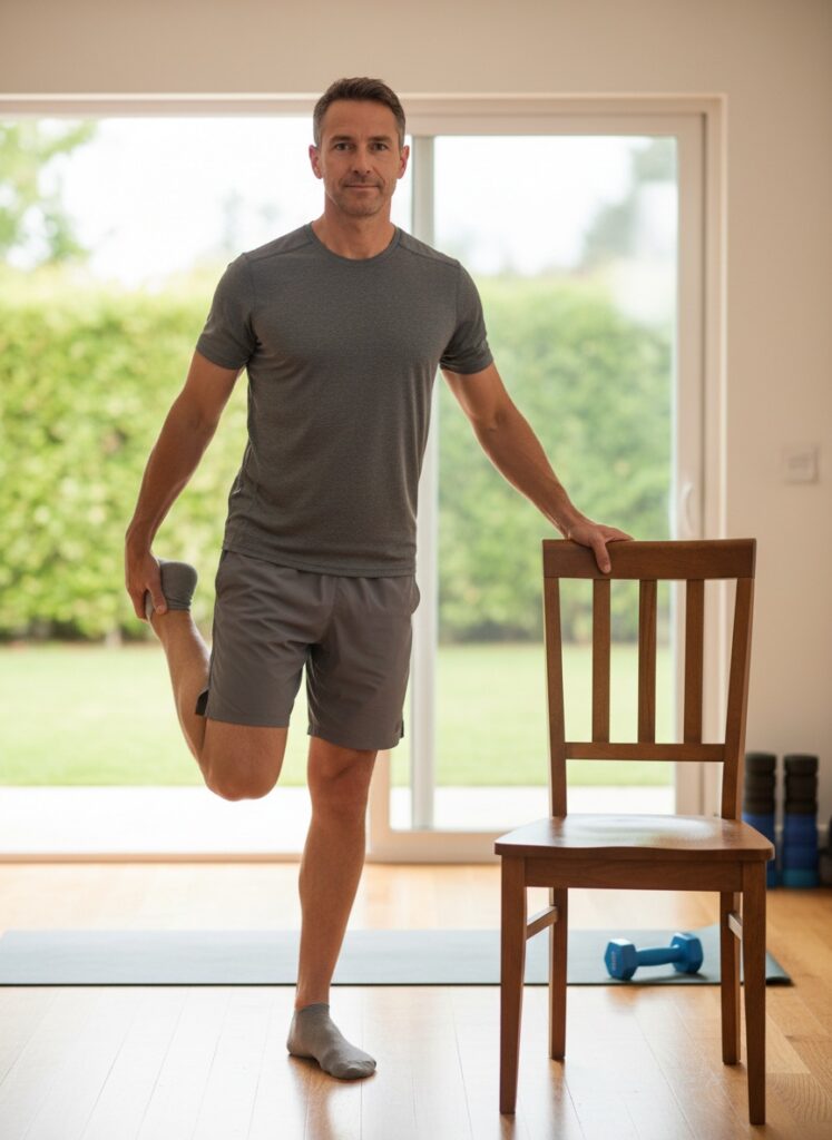 Standing quad stretch demonstration showing proper form for flexibility training in men over 40
