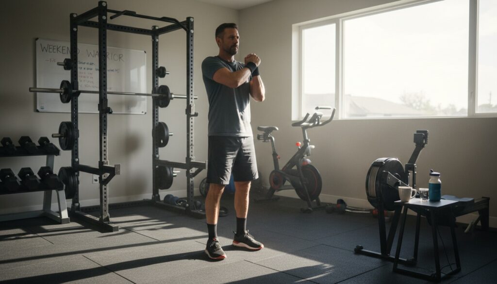 Determined man in his 40s standing ready in home gym on Saturday morning prepared to start weekend warrior workouts