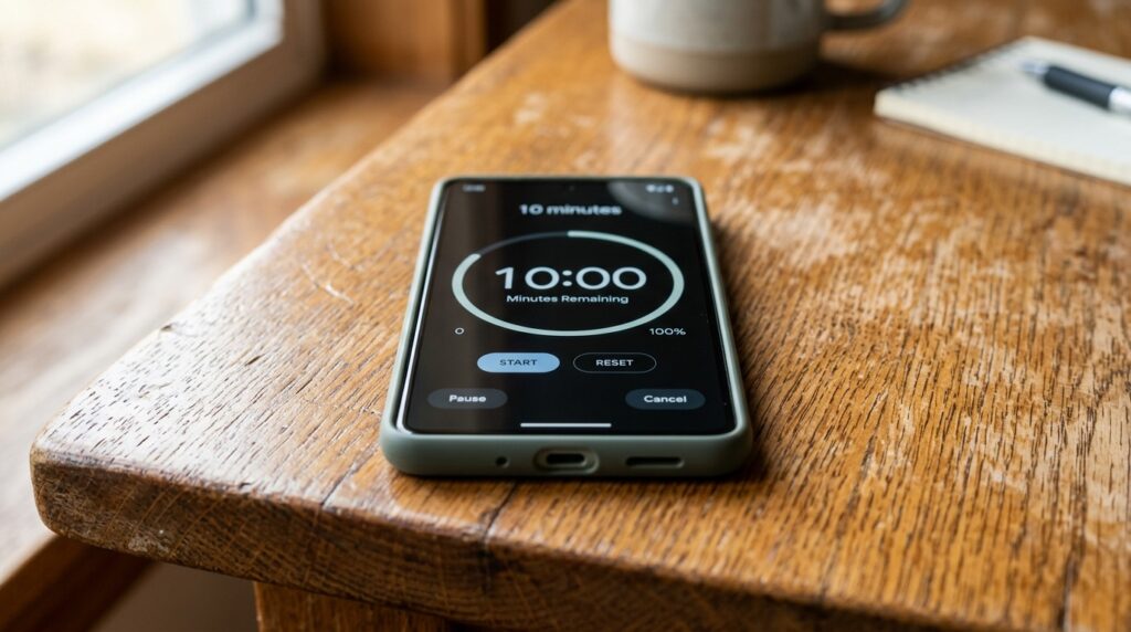 Phone timer set to 10 minutes on a wooden desk — the 10-minute rule to stop overthinking and take action