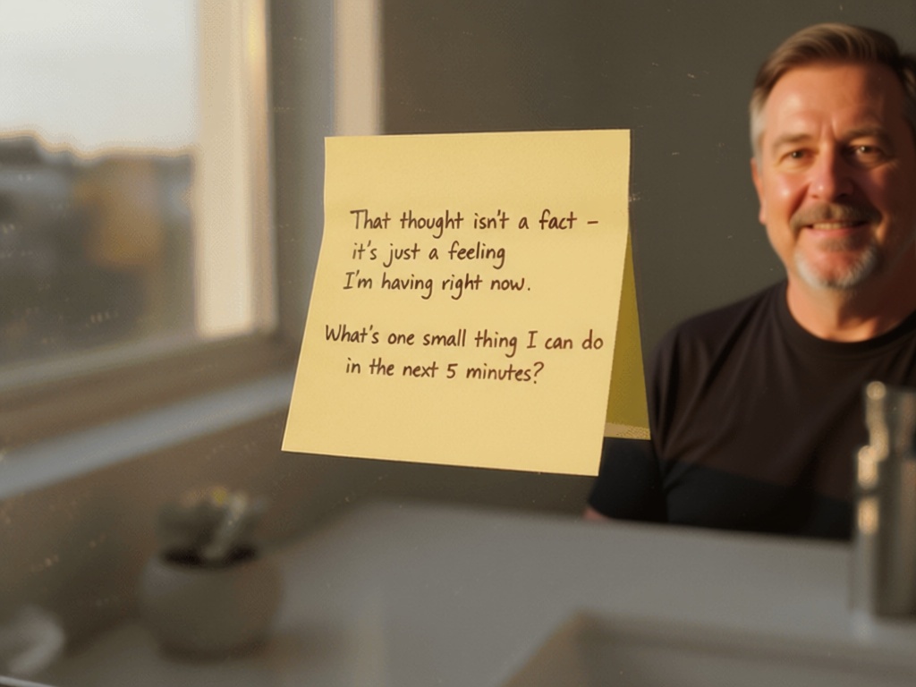 2-sentence self-talk reset script written on a sticky note on a bathroom mirror