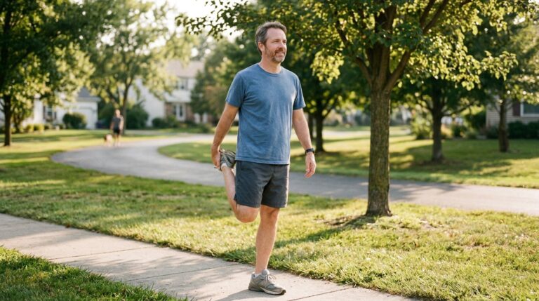 man over 40 stretching after a short walk outdoors