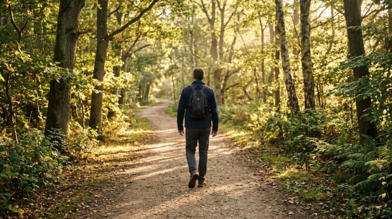 Man walking alone on a quiet outdoor path — breaking the overthinking cycle with small steps and mental clarity