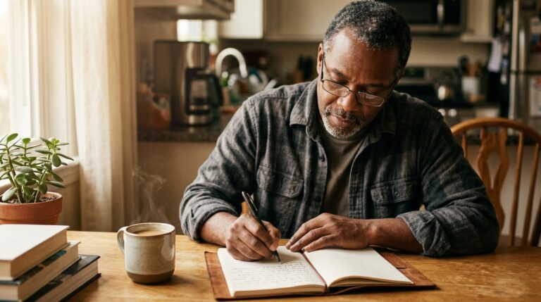 Man in his 40s writing in a journal at a kitchen table early in the morning — building a daily confidence habit through small consistent actions