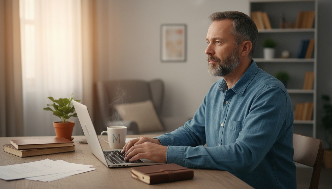 Man in his 40s sitting at a desk in the early morning light, looking calm and focused — building confidence through daily habits