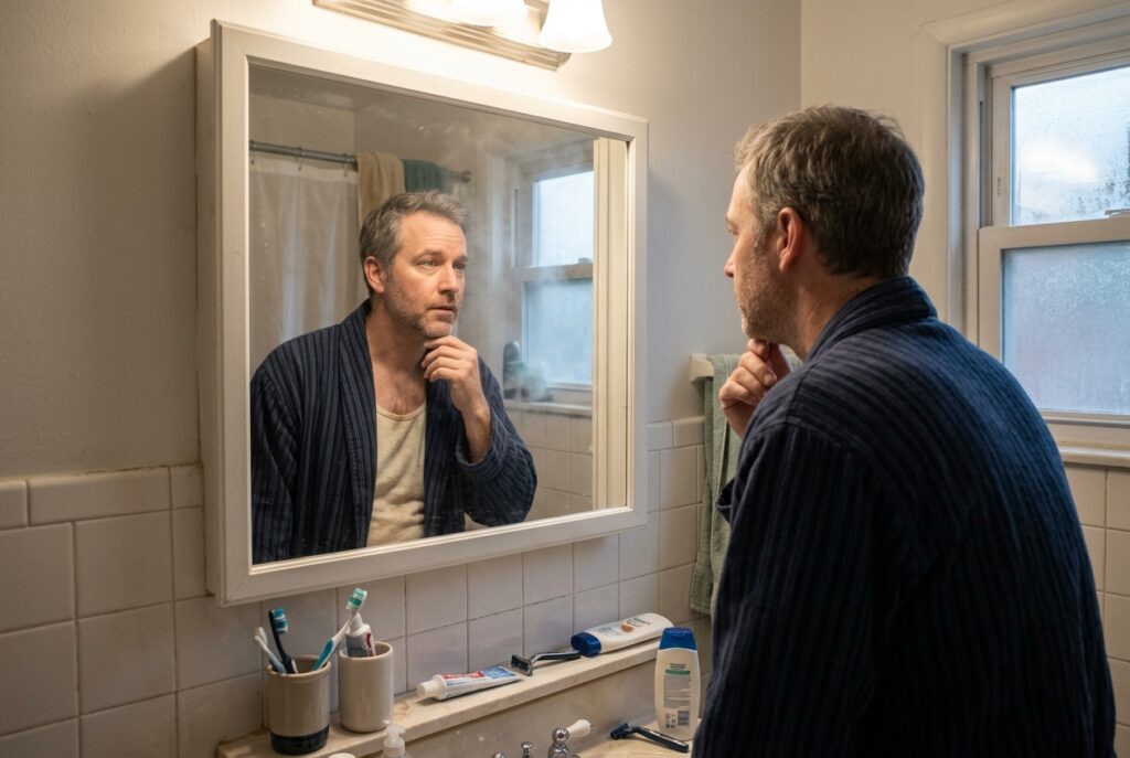 Man in his 40s looking at his reflection in a bathroom mirror in the morning — beginning to shift his mindset about confidence