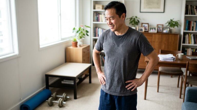 Man in his 50s smiling after completing a simple home workout — celebrating a small win as part of a daily confidence building routine