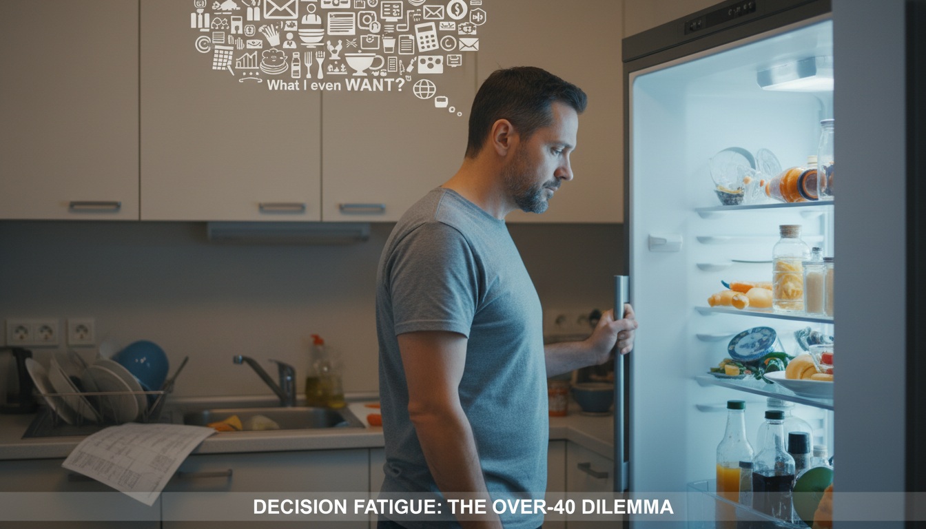 Man in his 40s standing at open fridge experiencing decision fatigue after a long day