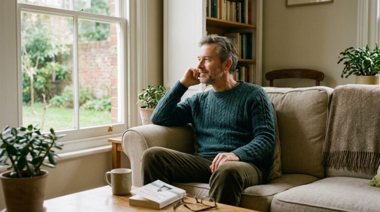 Man over 40 feeling relaxed and at peace after simplifying his finances — financial stress relief and peace of mind
