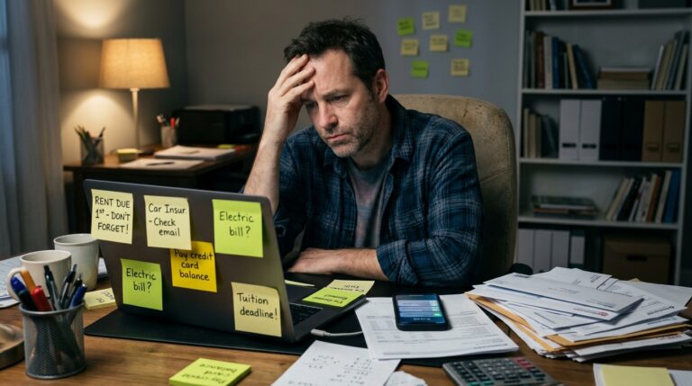 Man overwhelmed by multiple bill due dates and financial stress — too many things to track and remember