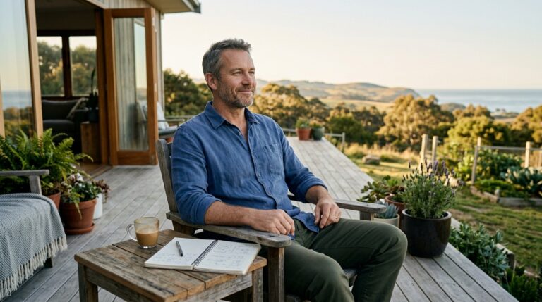Man in his 40s looking calm and confident with a notepad beside him — feeling in control of his finances after a simple weekly check-in