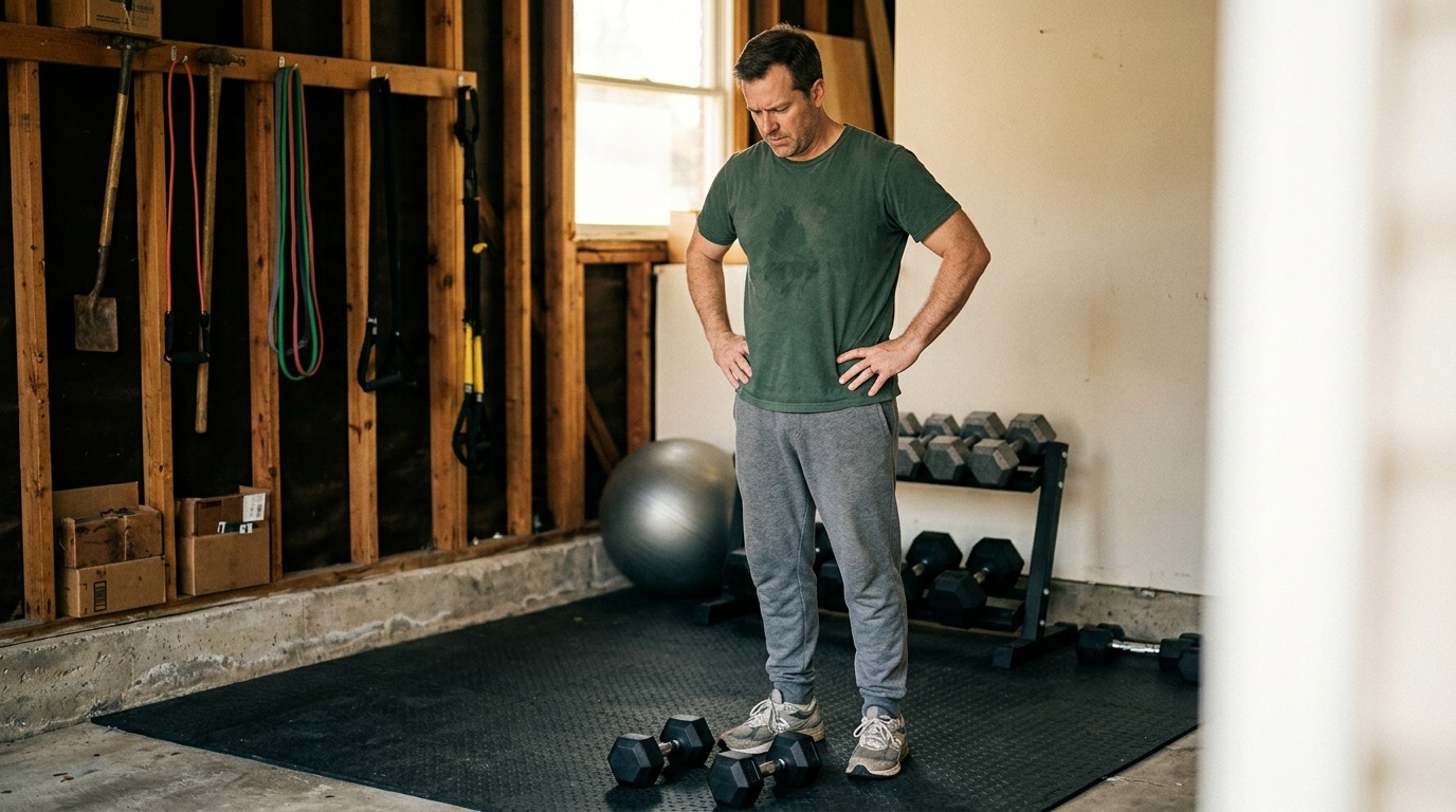 Man in his 40s pausing mid-workout in a home gym, reflecting on his fitness plateau