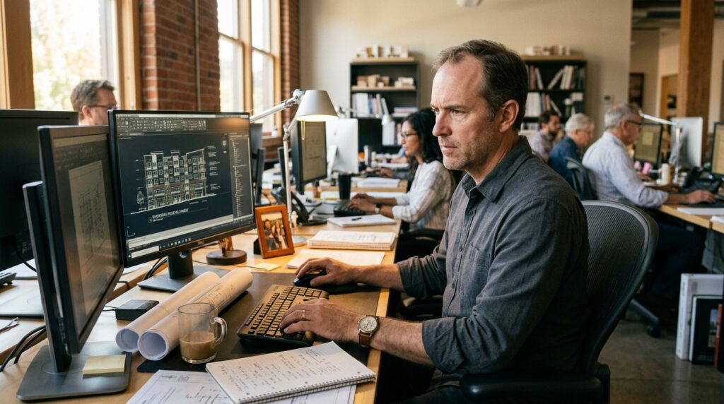 Man in his 40s focused and productive at a desk — healthy pressure driving performance