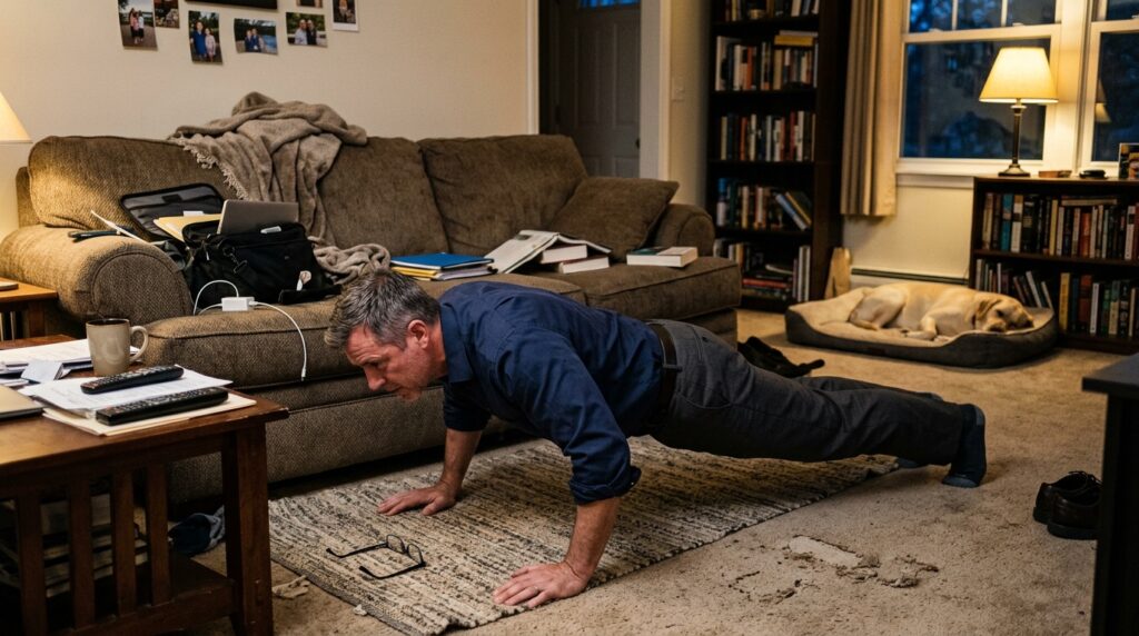 Tired man in his 40s still showing up for a short workout at home after a long difficult day — staying consistent despite life getting in the way