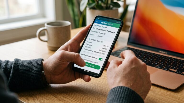 Hands on a laptop or phone screen setting up automatic bill payment — how to set up autopay step by step